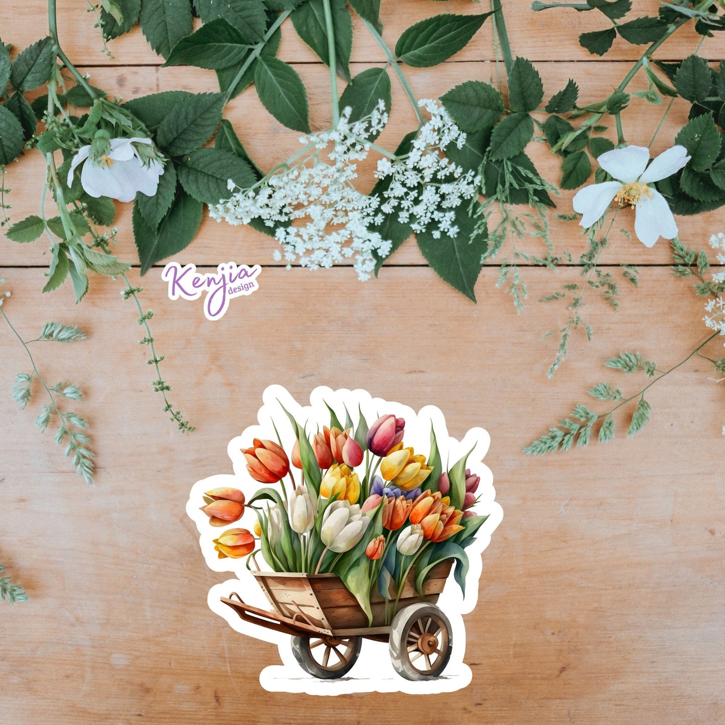 Watercolor Spring Floral Wheelbarrow Sticker, Waterproof and Dishwasher Safe Handmade cute Vinyl Stickers for gift, planner, book, laptop