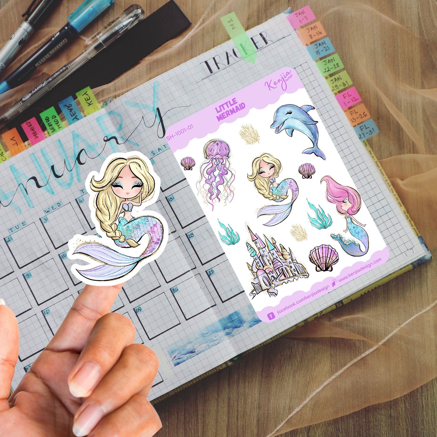 Beautiful Mermaid Sticker Sheet with Jellyfish Sea, Handmade cute Vinyl Sticker for gift, planner, book and laptop stickers