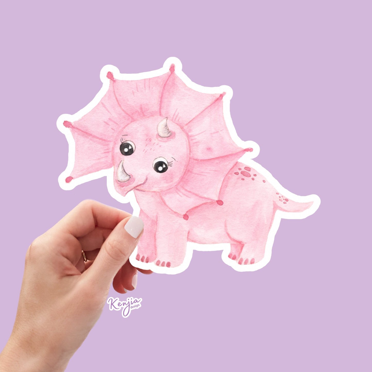 Cute Handmade Pink Dino Girl Sticker, watercolor effect, Waterproof and Dishwasher Safe Vinyl Sticker for gift, planner, book, laptop