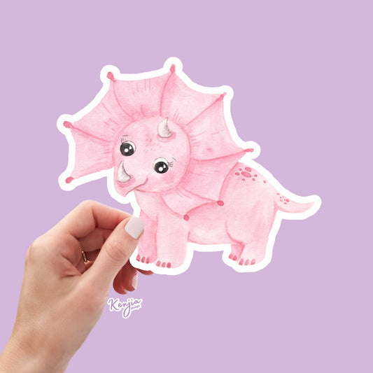 Cute Handmade Pink Dino Girl Sticker, watercolor effect, Waterproof and Dishwasher Safe Vinyl Sticker for gift, planner, book, laptop