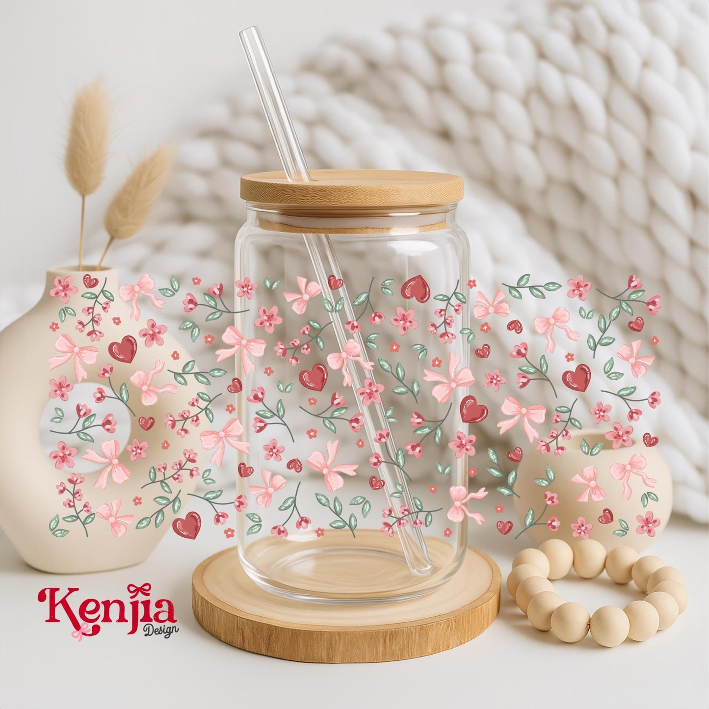 Red Heart Floral 16 OZ Glass Can With Lid & Straw / Cute Bow / Iced Coffee Drinkware / Aesthetic Girly Gift / UVDTF Libbey Wrap Transfert