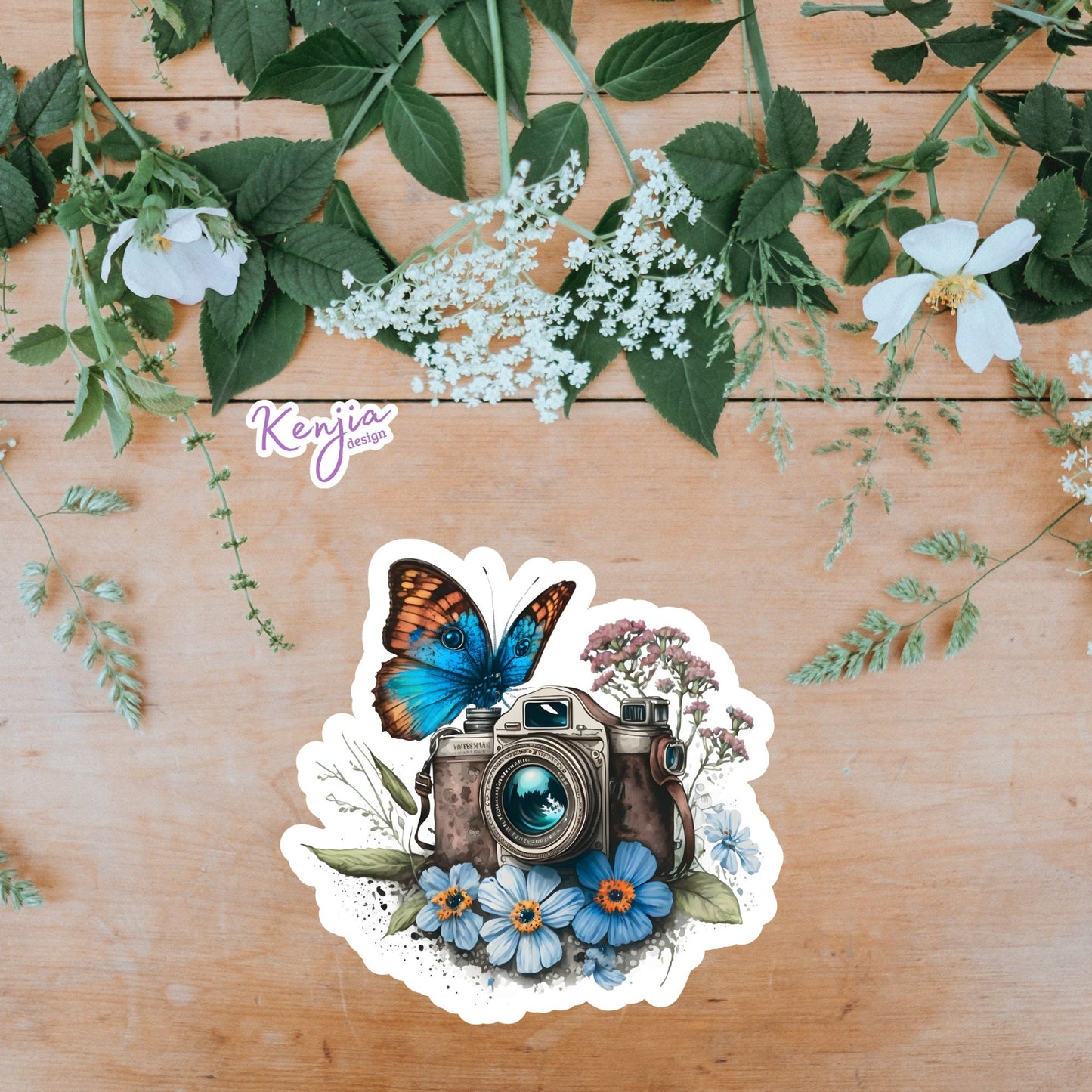 Floral Camera with Butterfly Watercolor Sticker and Magnet, Waterproof Handmade cute Vinyl Stickers for gift, planner, book, laptop