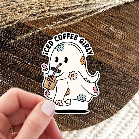 Cute Halloween Iced Coffee Girly Ghost Stickers / Spooky Vibes Season / Floral Ghost Stickers / Laptop & Kindle Stickers