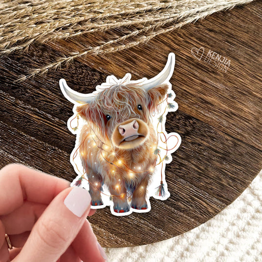 Cute Christmas Highland Cow Stickers / Farm Animal Lover / Fluffy Calf / Farm Life / Moo Moo Scottish Cow Laptop & Kindle Stickers