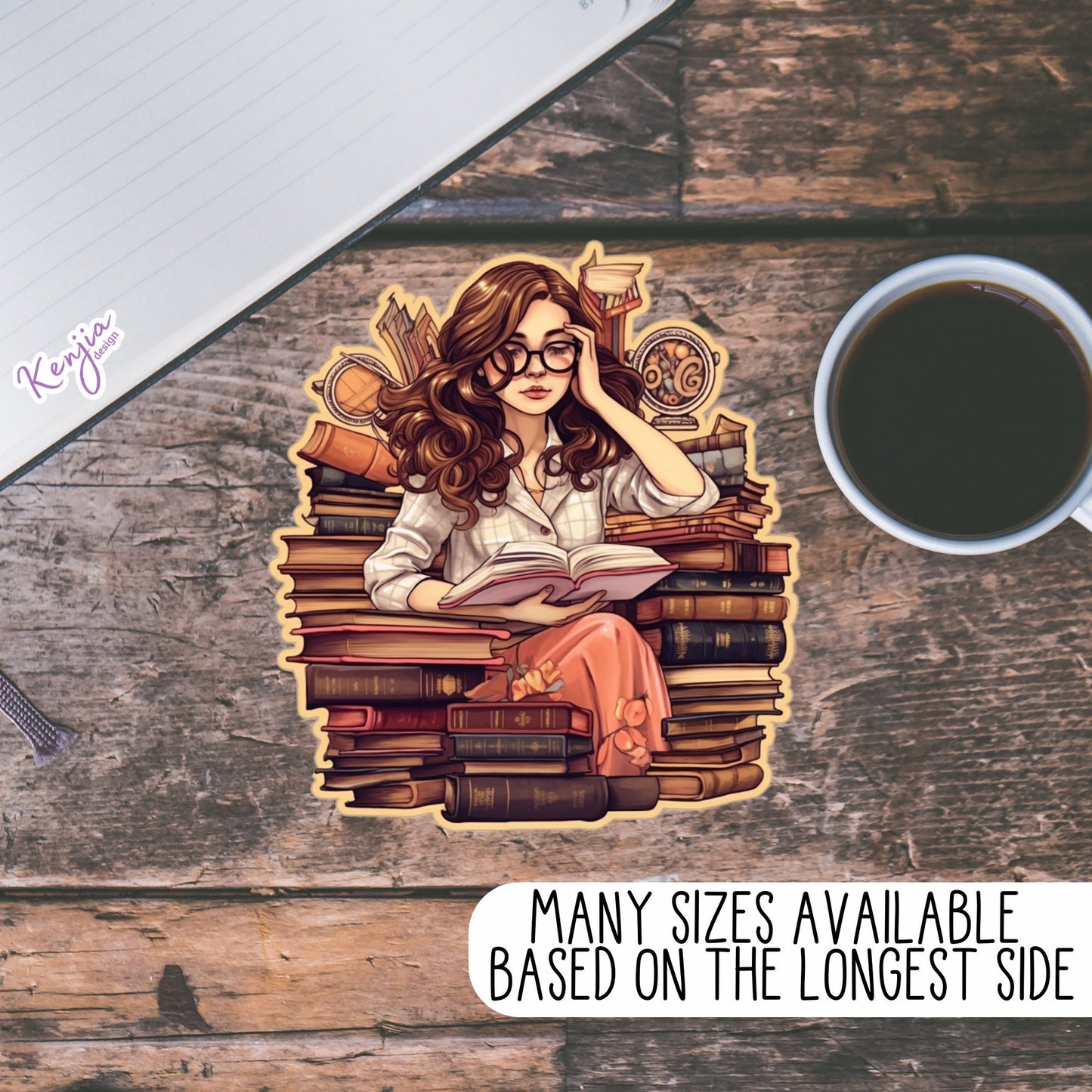 Cute Girl Reading Books Sticker and Magnet, Summer Stickers, Waterproof Vinyl Sticker for gift, planner, book, laptop
