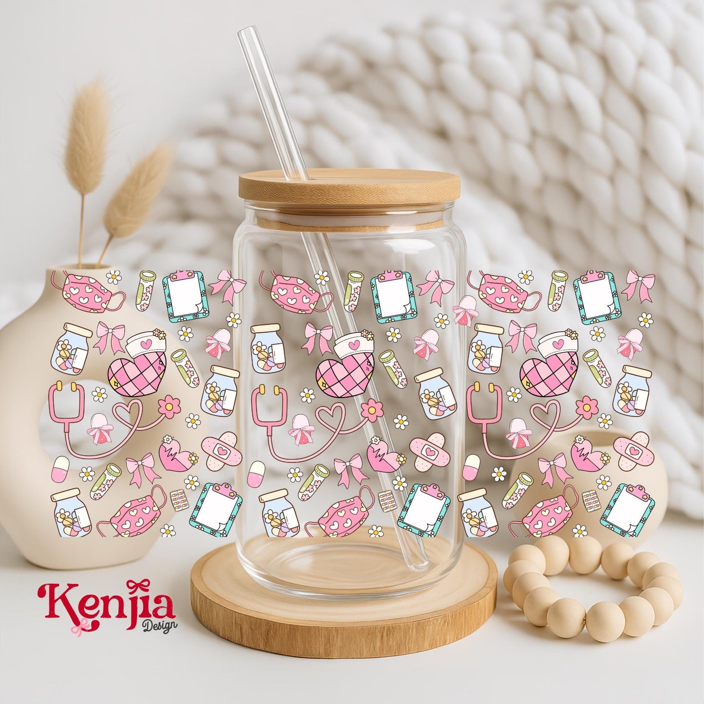 Coquette Nurse 16 OZ Glass Can With Lid & Straw / Coffee Lover Gift / Girly Nurse Tumbler / UV Dtf Libbey Wrap Transfert