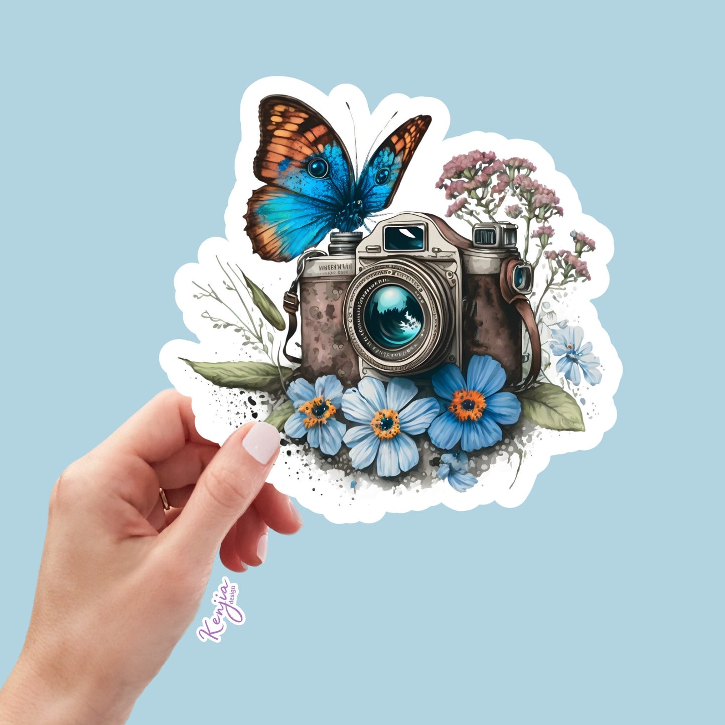 Floral Camera with Butterfly Watercolor Sticker and Magnet, Waterproof Handmade cute Vinyl Stickers for gift, planner, book, laptop