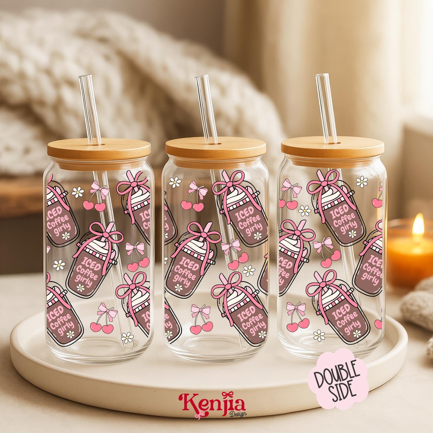Iced Coffee Girly 16 OZ Glass Can With Lid & Straw / Coffee Lover Gift / Coffee Tumbler / UV Dtf Libbey Wrap Transfert