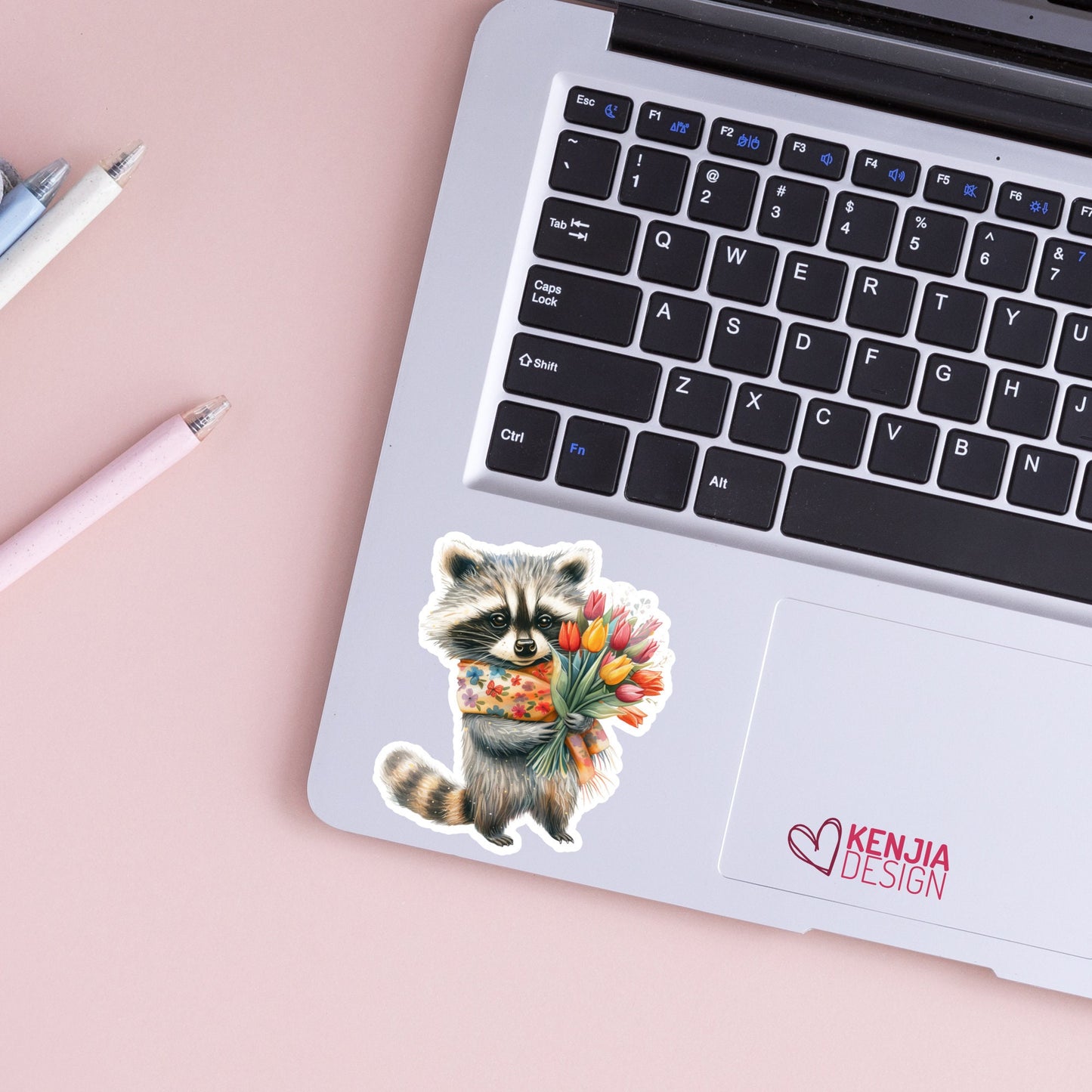 Raccoon With Summer Flowers Stickers  / Watercolor Tulip Stickers / Cute Animal Sticker / Gift, Waterbottle, Laptop, Kindle Sticker