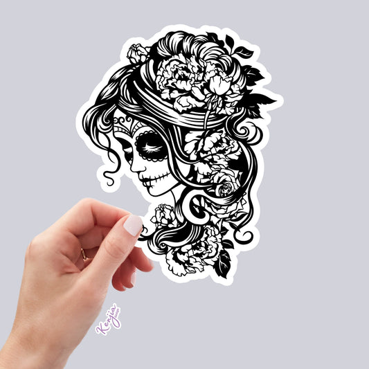 Steampunk Witch Goth Female Sugar Skull with flowers Sticker, Black and White Waterproof Dishwasher Safe Handmade Vinyl Sticker