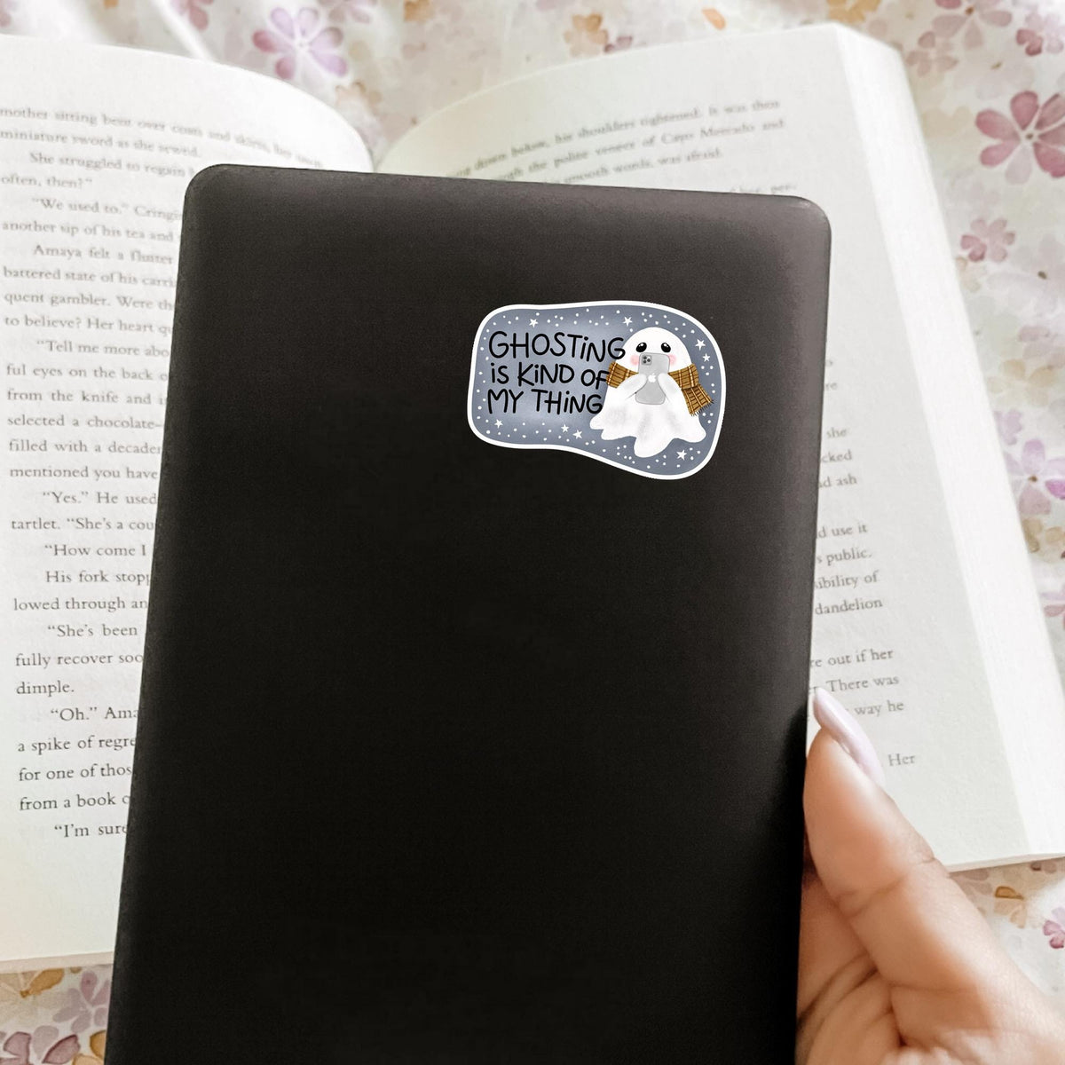 Ghosting Is Kind Of My Thing waterproof vinyl sticker on a black phone case, funny sarcastic phone decal gift for introverts and ghosters