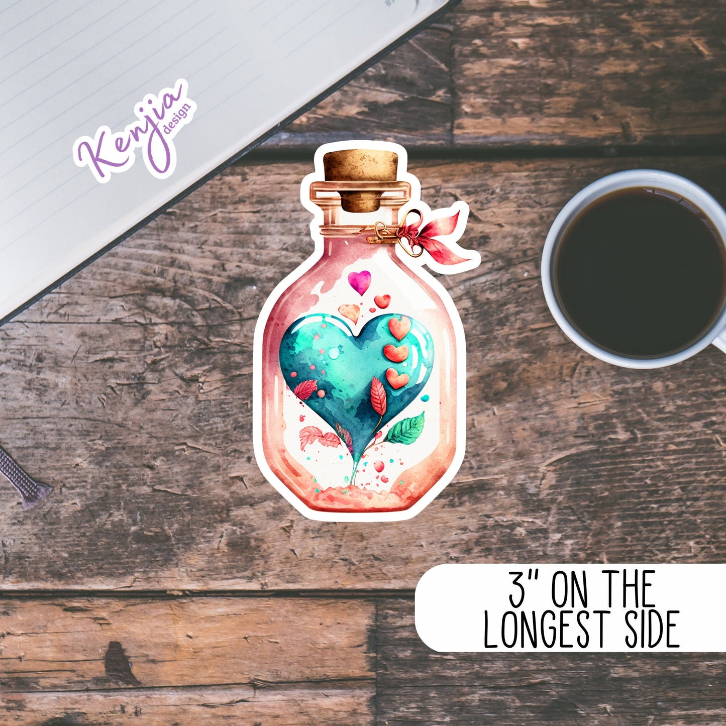Valentine Day Heart Bottle Sticker with watercolor effect, Handmade Waterproof and Dishwasher Safe Vinyl Sticker for gift, planner, laptop