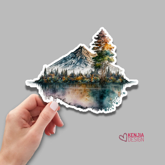 Lanscape Mountains Sticker and Magnet with Lake, watercolor effect, Waterproof Vinyl Sticker for Nature Lover gift, planner, book, laptop