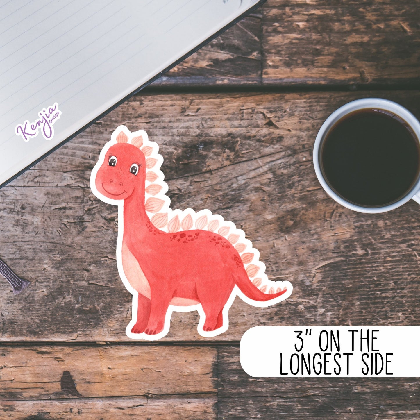 Cute Handmade Pink Dino Girl Sticker, watercolor effect, Waterproof and Dishwasher Safe Vinyl Sticker for gift, planner, book, laptop