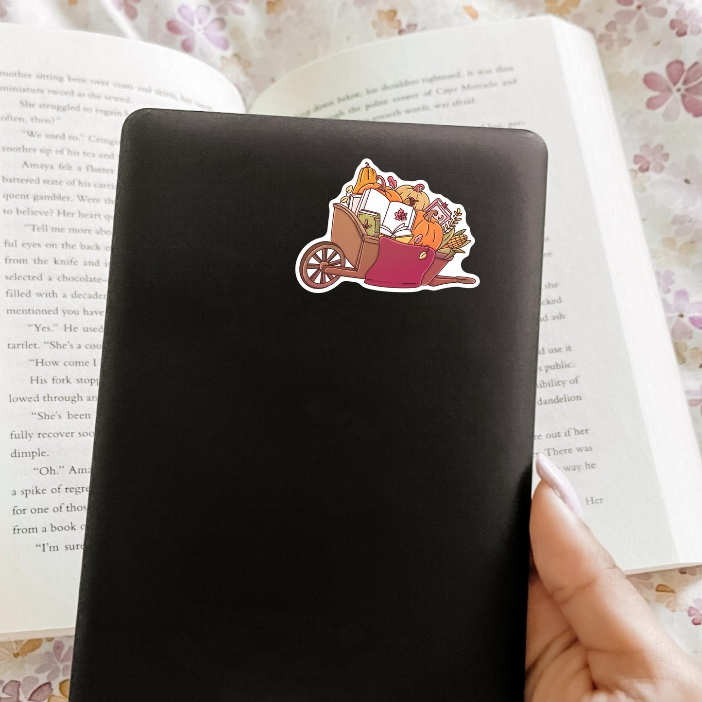 Autumn book lover sticker lifestyle photo, cozy fall die-cut waterproof sticker for Kindle and planner decoration