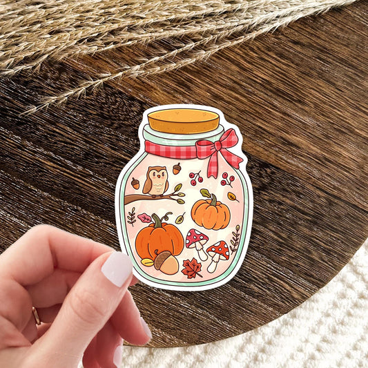 Autumn jar sticker lifestyle mockup - cozy fall aesthetic