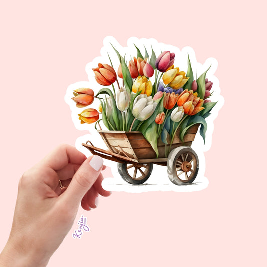 Watercolor Spring Floral Wheelbarrow Sticker, Waterproof and Dishwasher Safe Handmade cute Vinyl Stickers for gift, planner, book, laptop