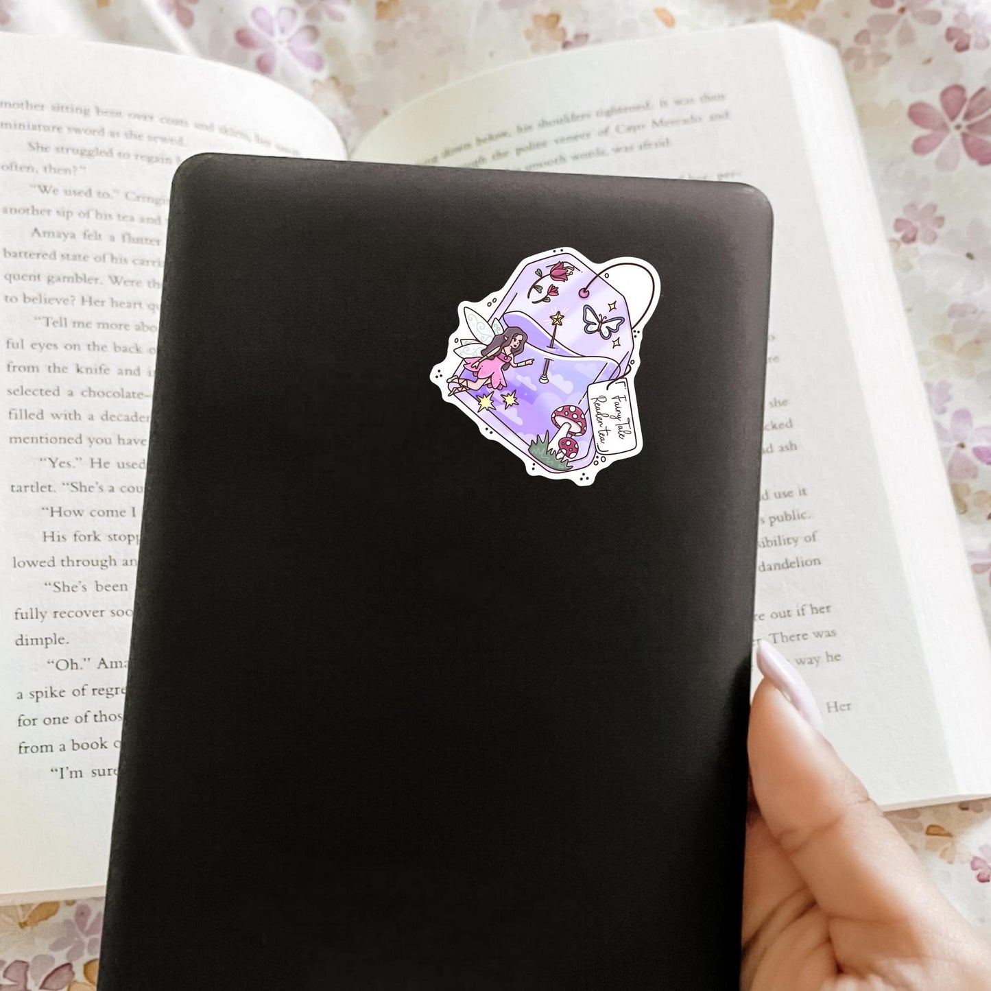 Fantasy bookish tea sticker lifestyle photo, purple die-cut waterproof sticker for Kindle and planner lovers