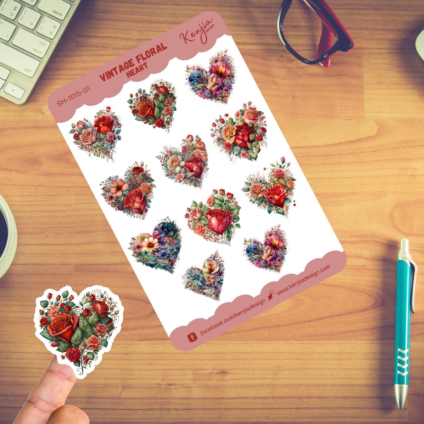 Beautiful Vintage Floral Heart Sticker Sheet, Handmade cute Vinyl Sticker for gift, planner, book and laptop stickers