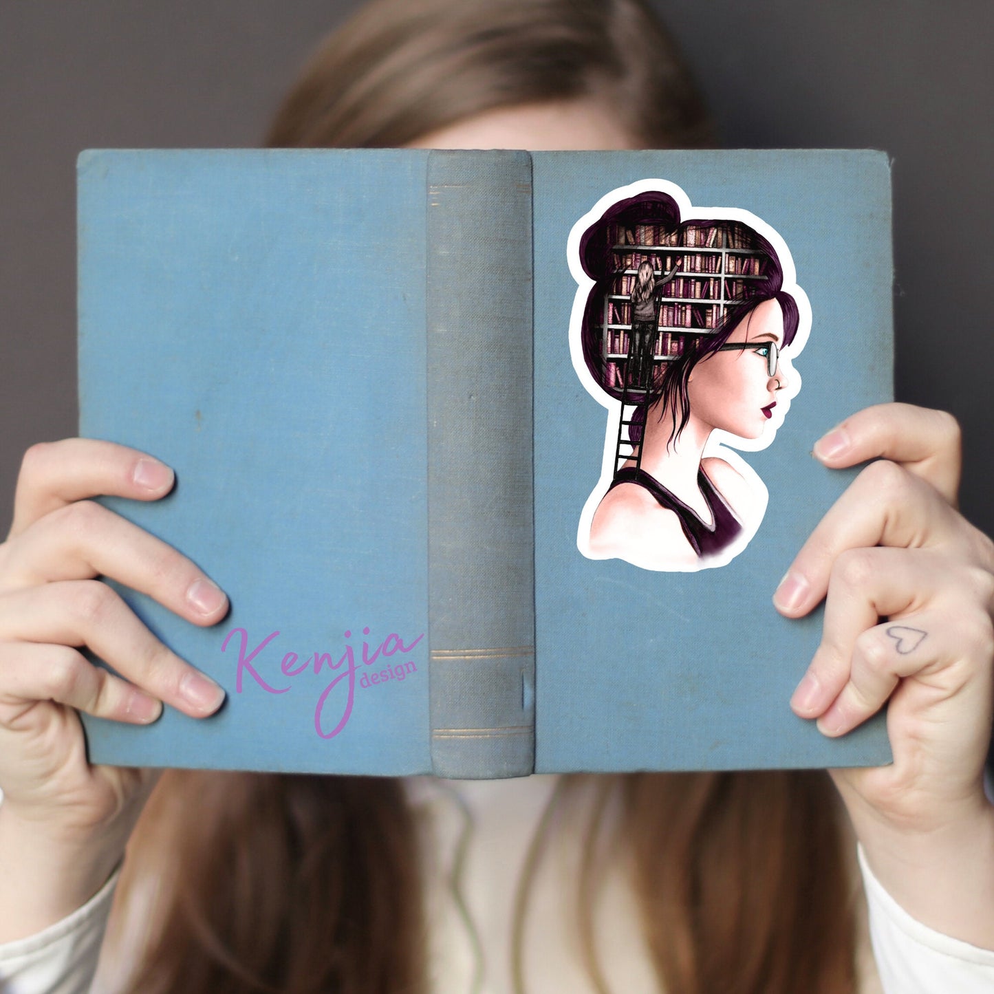 Goth Girl reading book with books in her head Sticker and Magnet, Waterproof Handmade Vinyl Stickers for gift, planner, laptop stickers