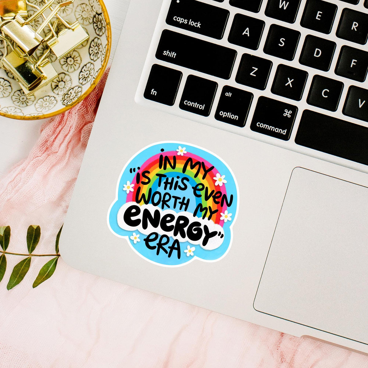 Worth My Energy Era sticker on a laptop lid, waterproof vinyl decal, funny relatable quote gift for coworkers and office desk decor