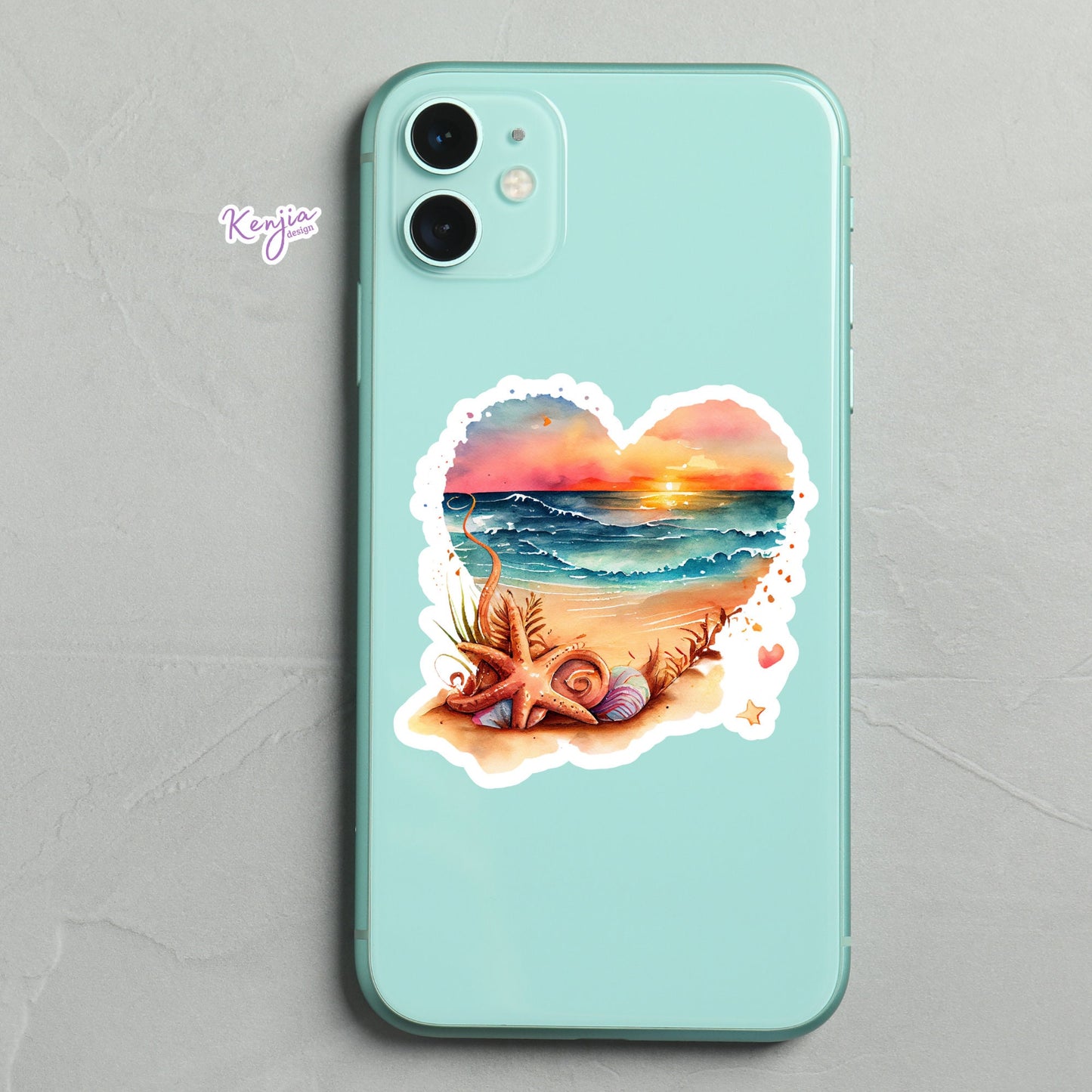 Sunset at the Beach in Heart with Watercolor Effect Sticker and Magnet, for gift, Waterproof Vinyl stickers for planner, book , laptop