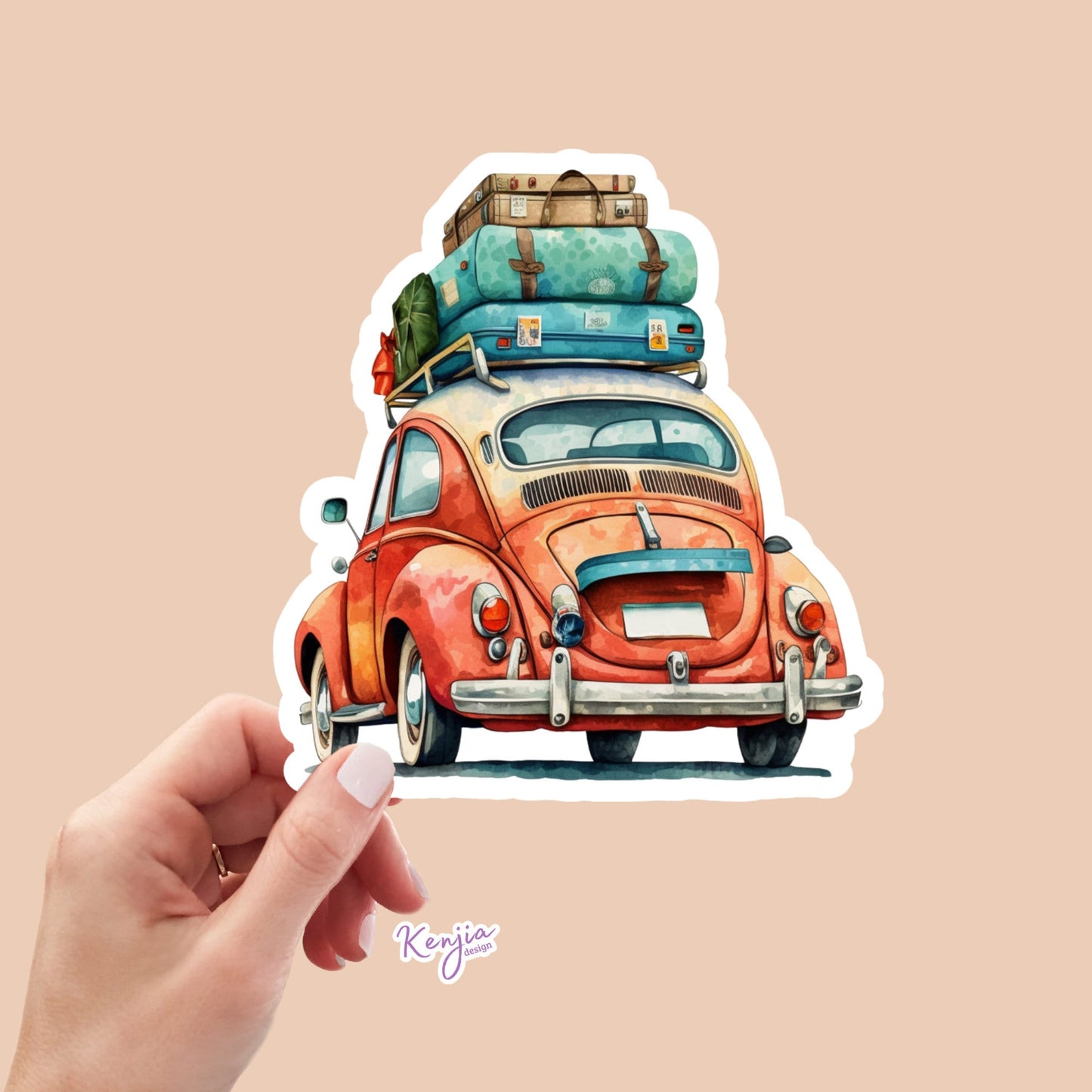 Cute handmade Traveling Car Sticker and Magnet with Watercolor Effect in Vinyl, Waterproof Stickers for planner, book , laptop stickers