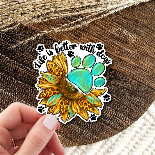 Dog Lover Stickers / Life Is Better with Dogs Stickers  / Cute Dog Paw / Western Sunflower Waterproof Stickers / Animal Love
