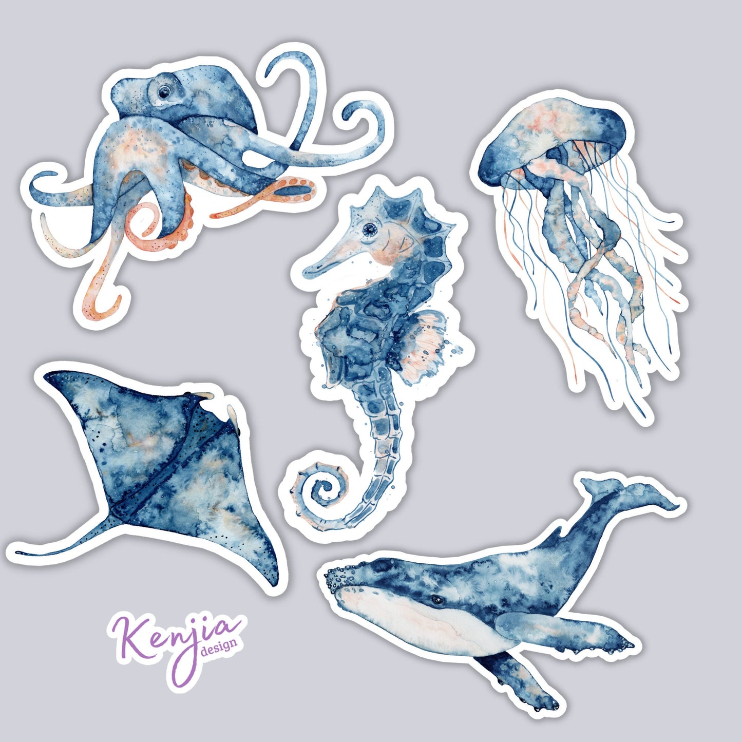 5 pcs Sticker Pack Underwater Creatures, Waterproof and Dishwasher Safe Handmade cute Vinyl Sticker for gift, planner, book and laptop