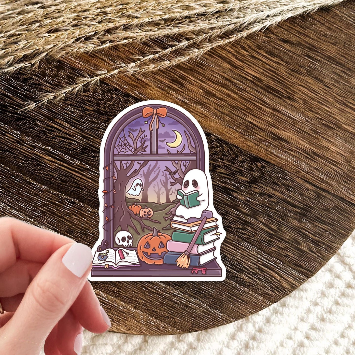 Halloween Window Sticker / Spooky Autumn Decal / Witch Aesthetic Gift / Gothic Vibes / Cute Bookish Present for Her / October Scene
