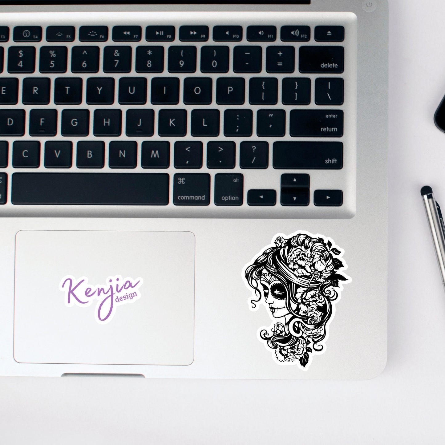 Steampunk Witch Goth Female Sugar Skull with flowers Sticker, Black and White Waterproof Dishwasher Safe Handmade Vinyl Sticker