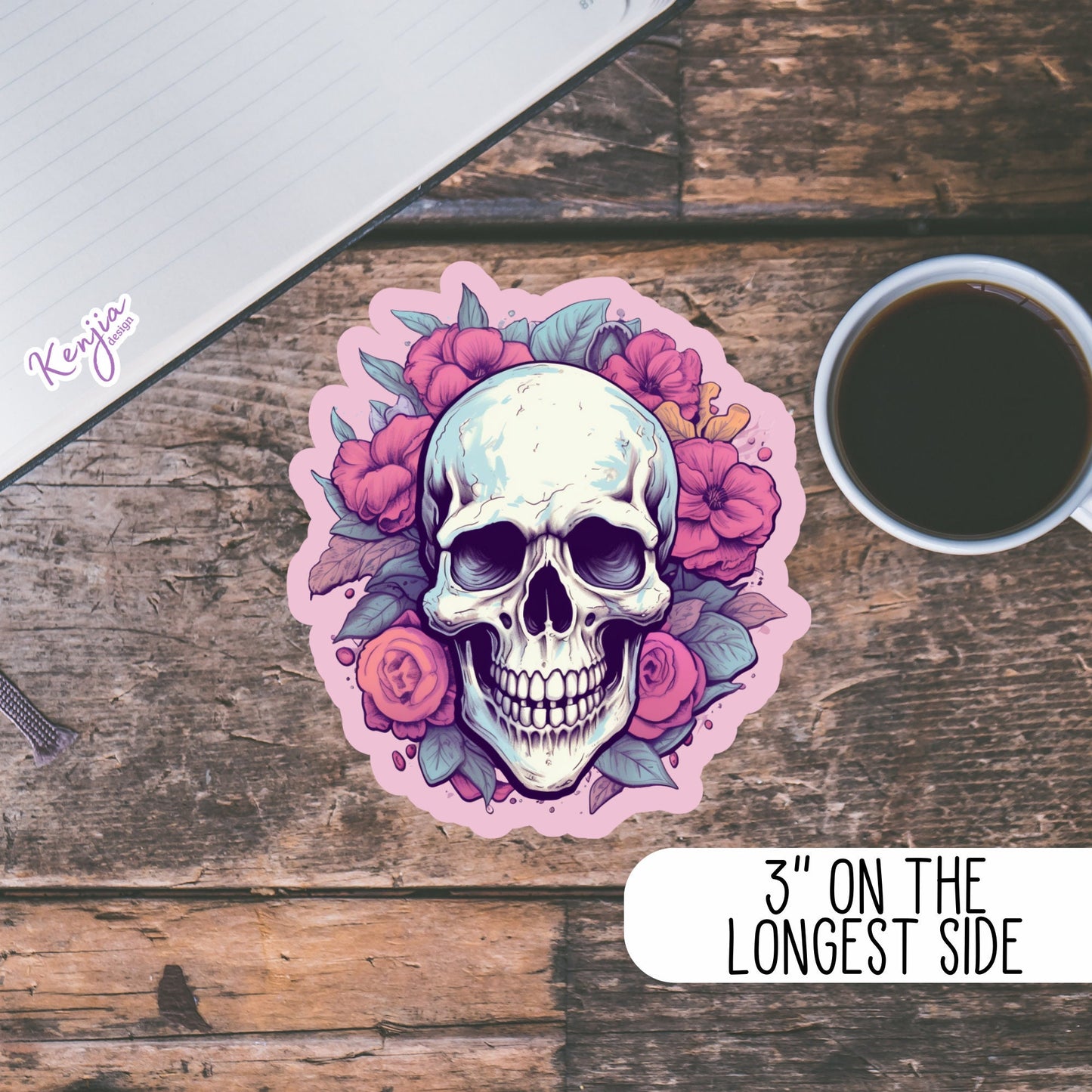 Cute Handmade Skull Head with Flower Goth Stickers and Magnet, skeleton sticker, watercolor effect, Waterproof Vinyl Sticker