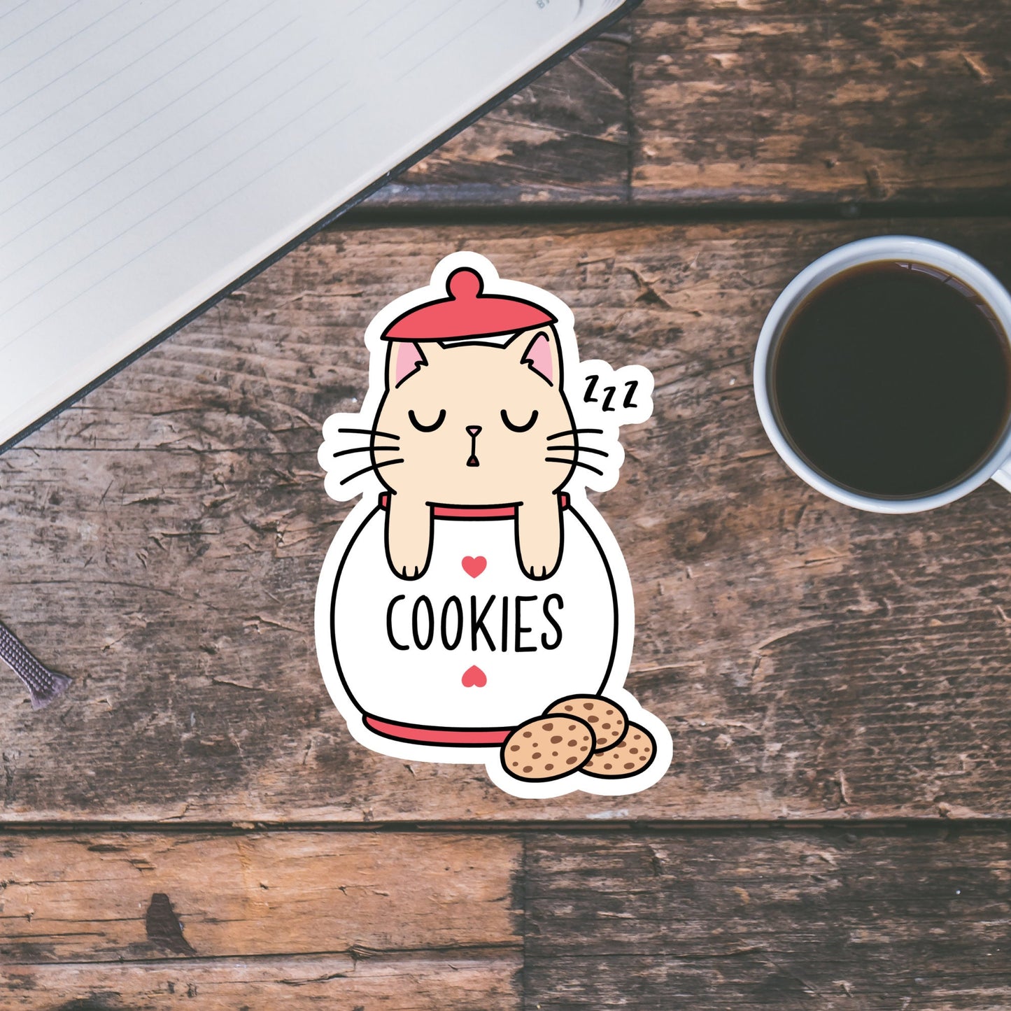 Cute Kawaii Cookies Cat Sticker, Cute sticker, Waterproof Dishwasher Safe Handmade cute Vinyl Sticker gift, planner, book, laptop stickers