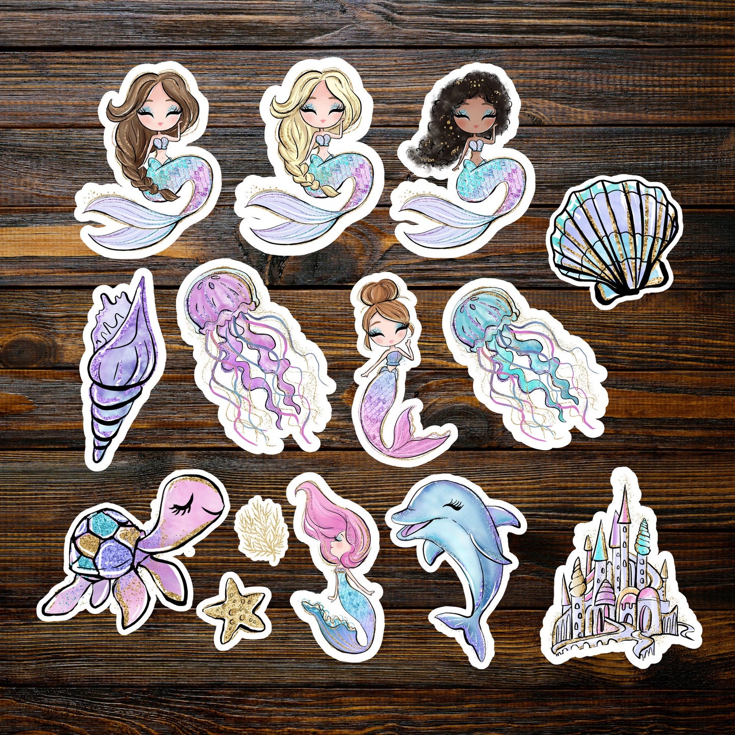 14 pcs Sticker Pack Mermaid, Jellyfish, Dolpin, Handmade cute Vinyl Stickers for gift, planner, book, laptop