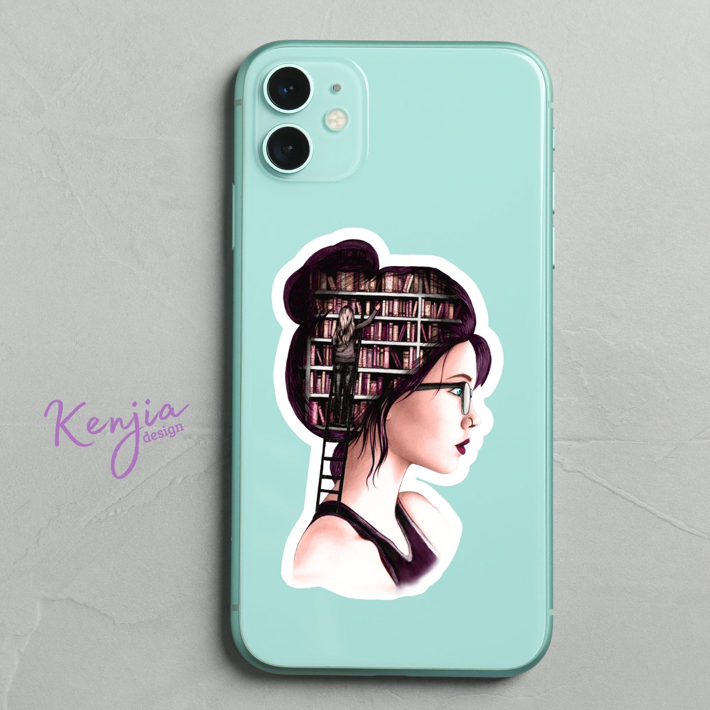 Goth Girl reading book with books in her head Sticker and Magnet, Waterproof Handmade Vinyl Stickers for gift, planner, laptop stickers
