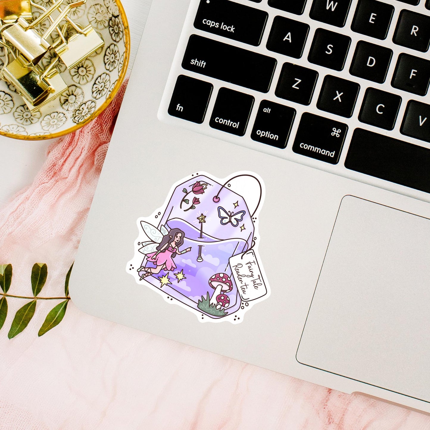 Fairy tale readers tea sticker on a phone case, purple aesthetic vinyl sticker gift for bibliophiles who love tea