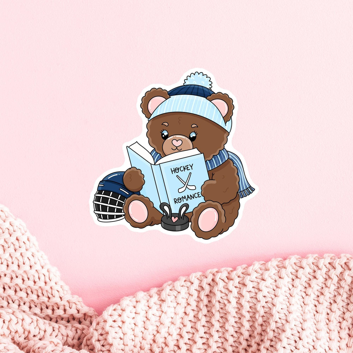 Hockey Romance Bear Sticker / Cute Bookish Gift / Animal Lover Decal / Sports Reader for Her / Waterproof Vinyl / Kawaii Cozy Fun Plushie