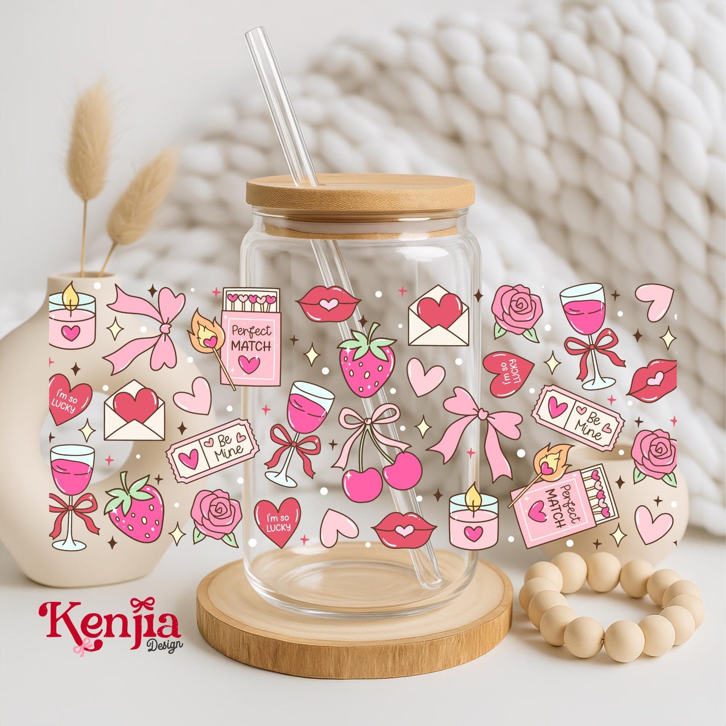 Romantic Day 16 OZ Glass Can With Lid & Straw / Valentine Day / Lover Gift / Be Mine Perfect Match / UV Dtf Libbey Wrap Transfert