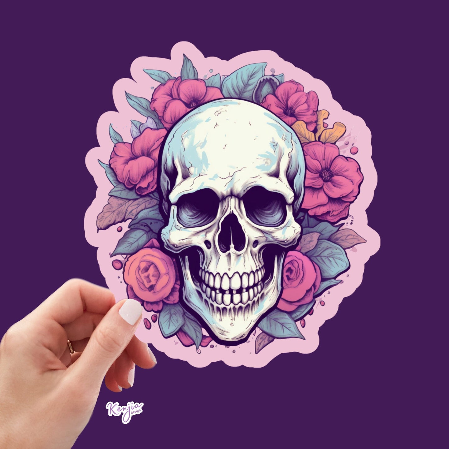 Cute Handmade Skull Head with Flower Goth Stickers and Magnet, skeleton sticker, watercolor effect, Waterproof Vinyl Sticker