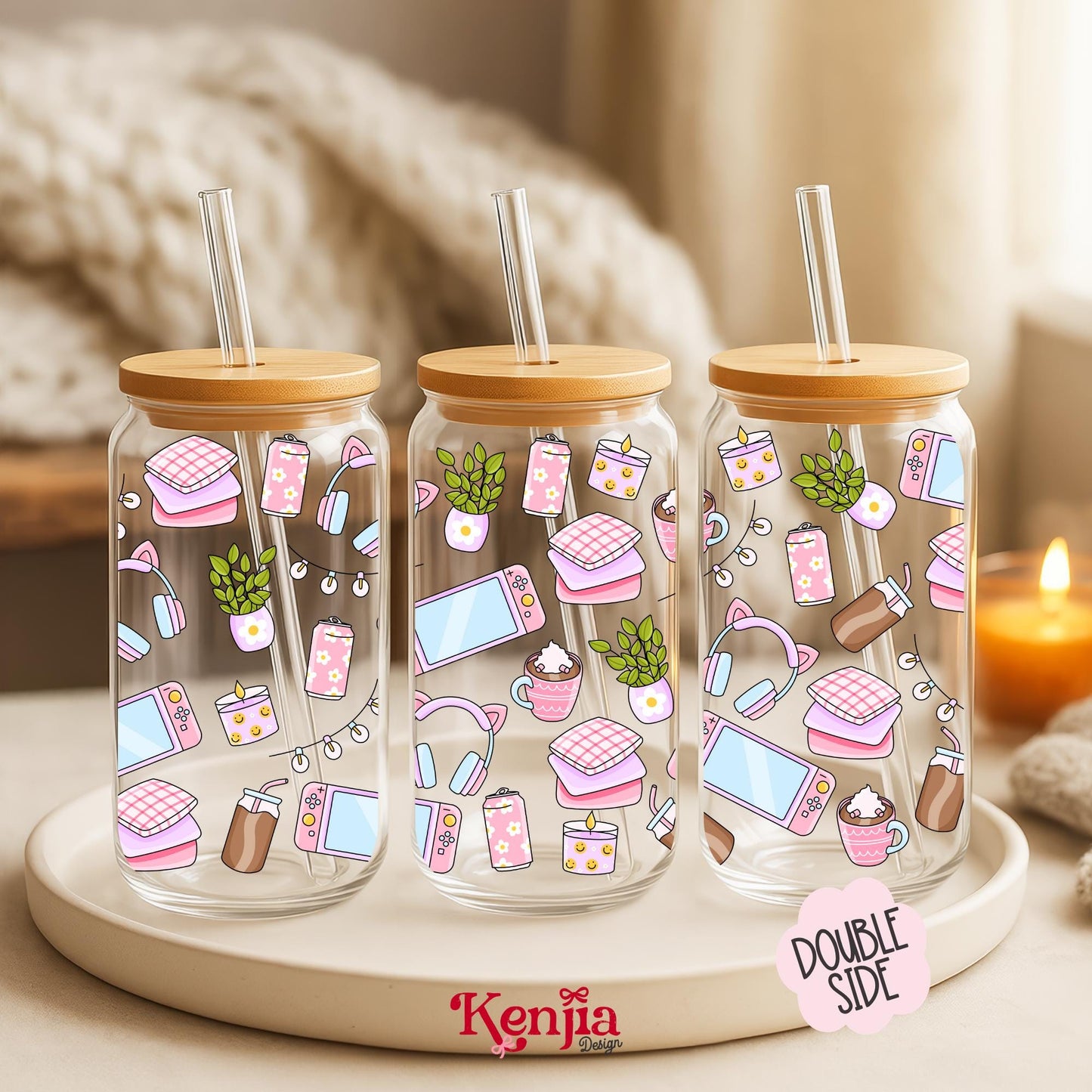 Cozy Gamer 16 OZ Glass Can With Lid & Straw / Console Gamer / Play Game Lover Gift / Girlie Gamer Bottle / UV DTF Libbey Wrap Transfert