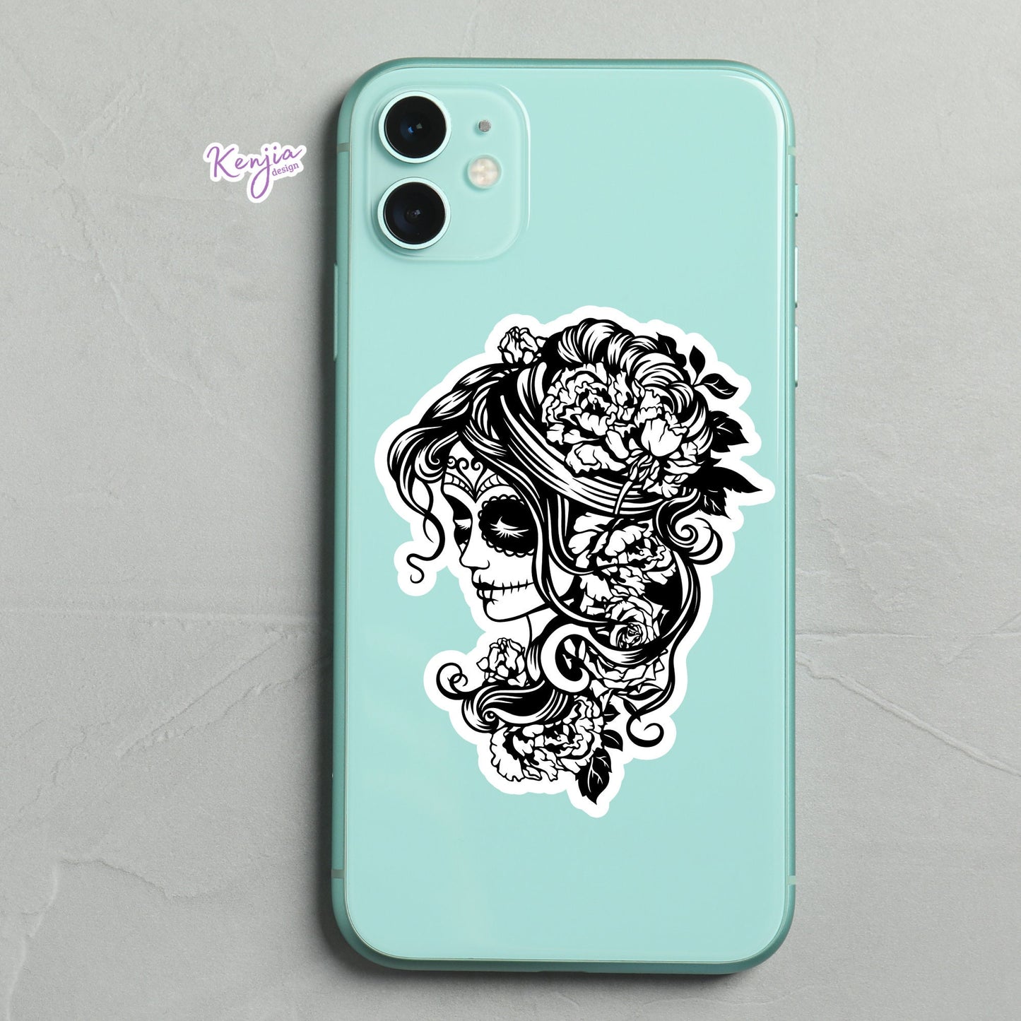 Steampunk Witch Goth Female Sugar Skull with flowers Sticker, Black and White Waterproof Dishwasher Safe Handmade Vinyl Sticker