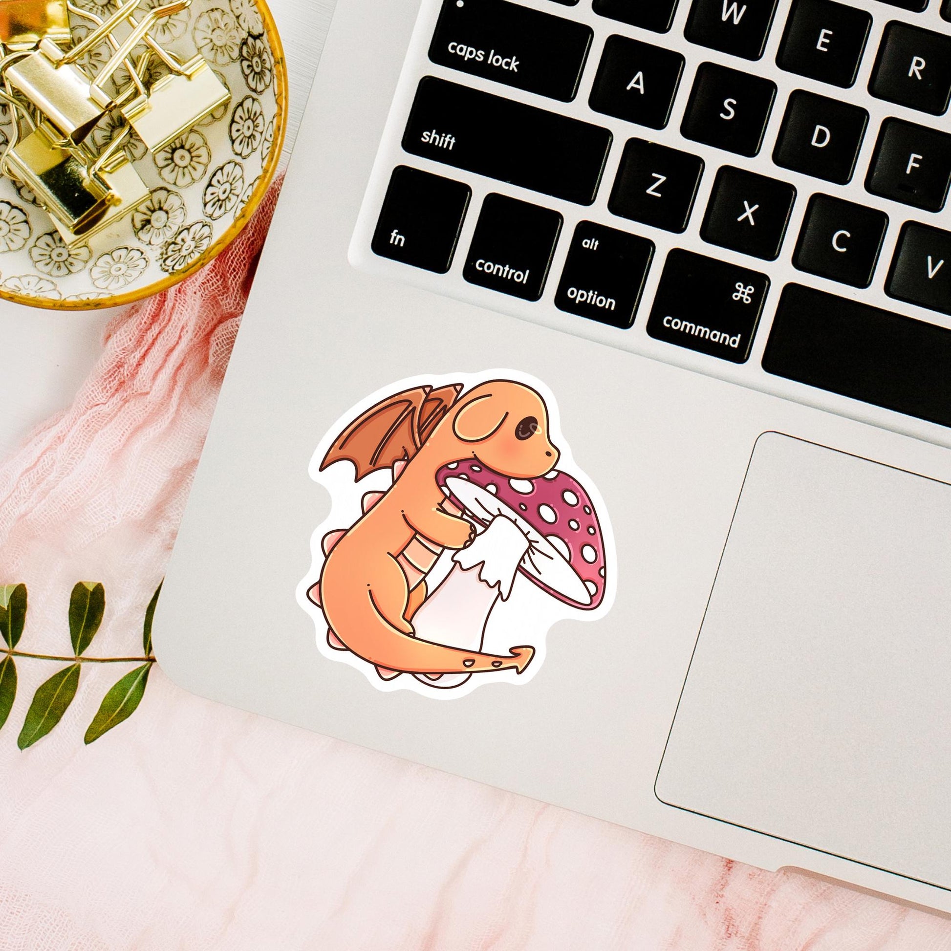 Autumn Orange Dragon sticker on a phone case, cozy fall fantasy aesthetic vinyl sticker gift for bibliophiles and dragon fans