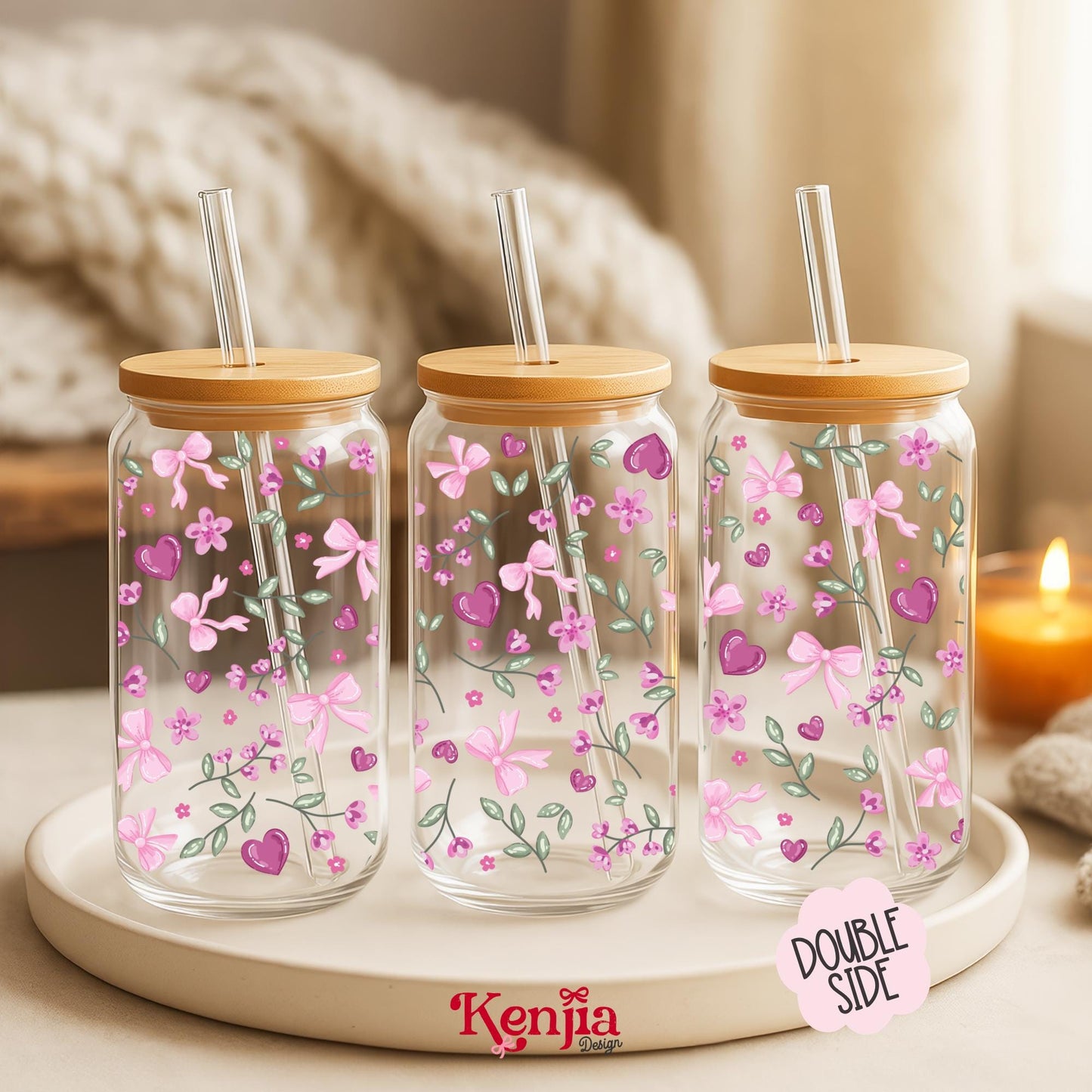 Pink Heart Floral 16 OZ Glass Can With Lid & Straw / Cute Bow / Iced Coffee Drinkware / Aesthetic Girly Gift / UVDTF Libbey Wrap Transfert