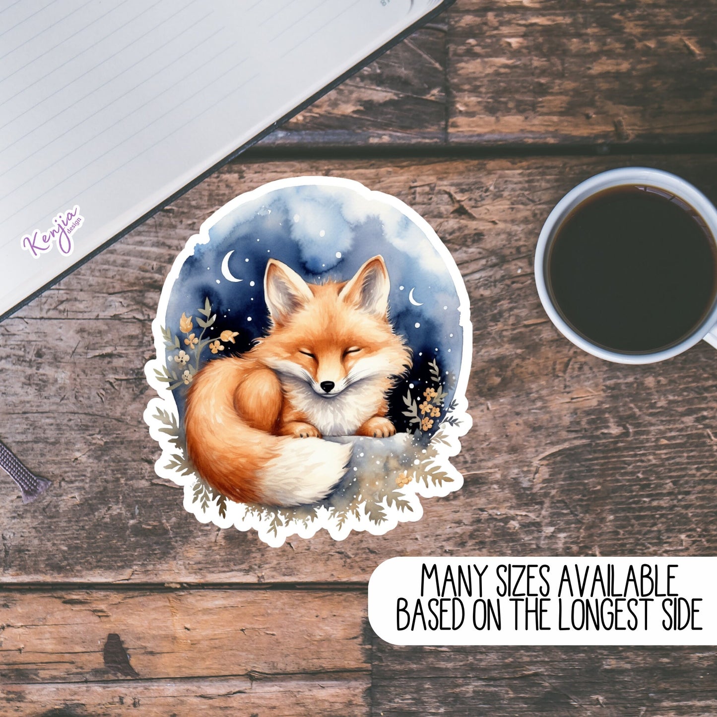 Cute handmade Fox Sticker and Magnet with Flowers and Moon, Watercolor Style, Waterproof Vinyl for gift, planner, book, laptop stickers