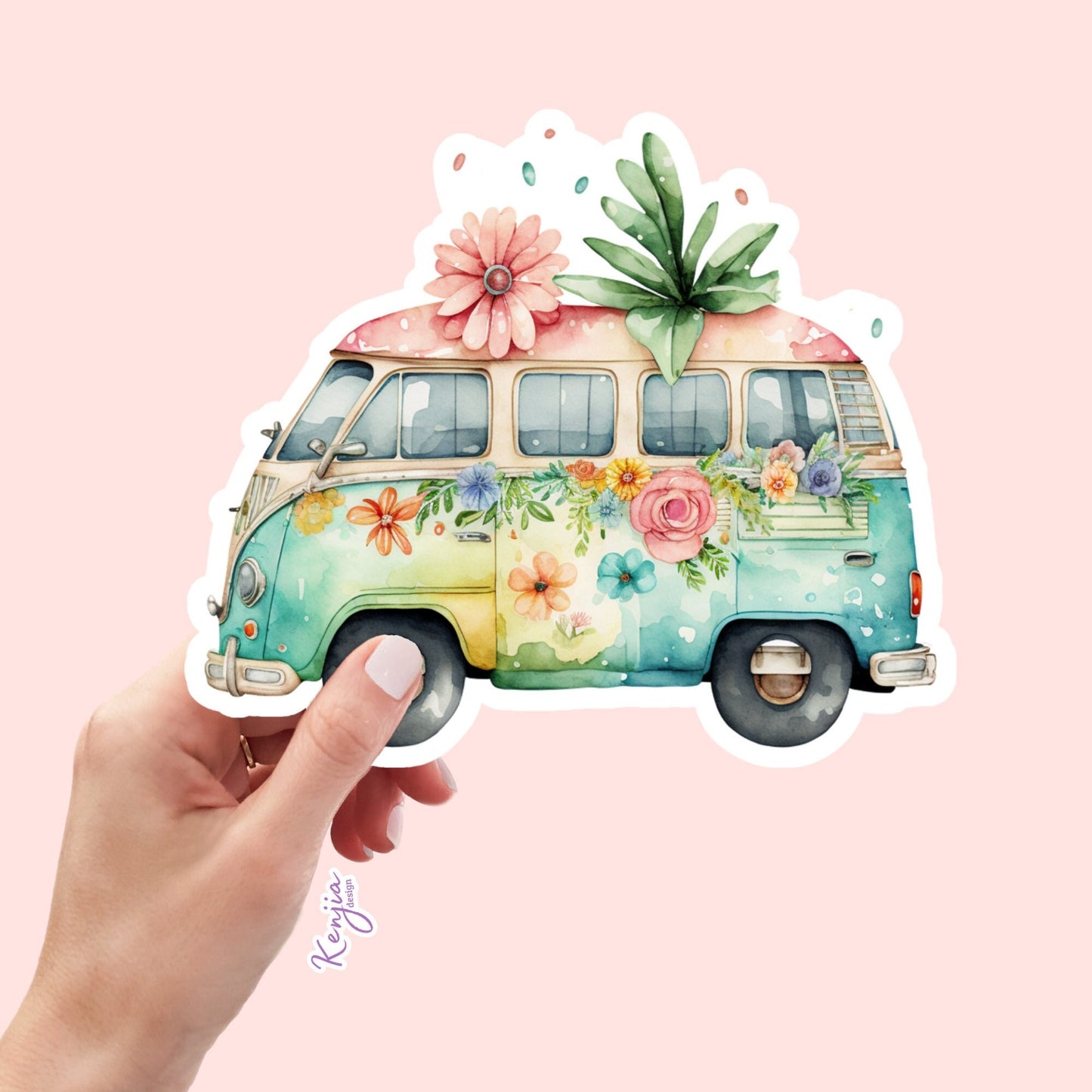 Cute Handmade Camper Sticker and Magnet with watercolor effect, Waterproof Vinyl Sticker for gift, planner, book, laptop stickers