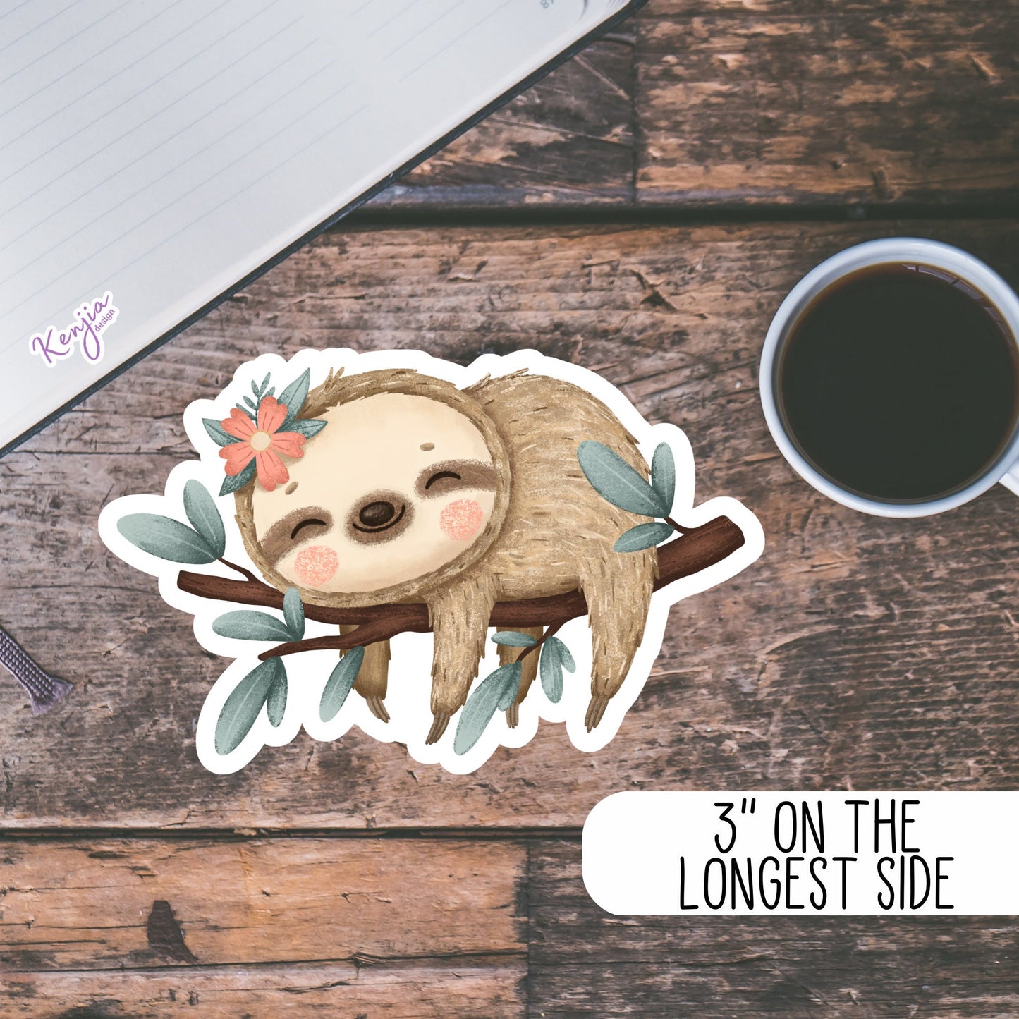 Cute Handmade Sleeping Sloth Sticker, Waterproof and Dishwasher Safe Vinyl Sticker for gift, planner, book, laptop stickers