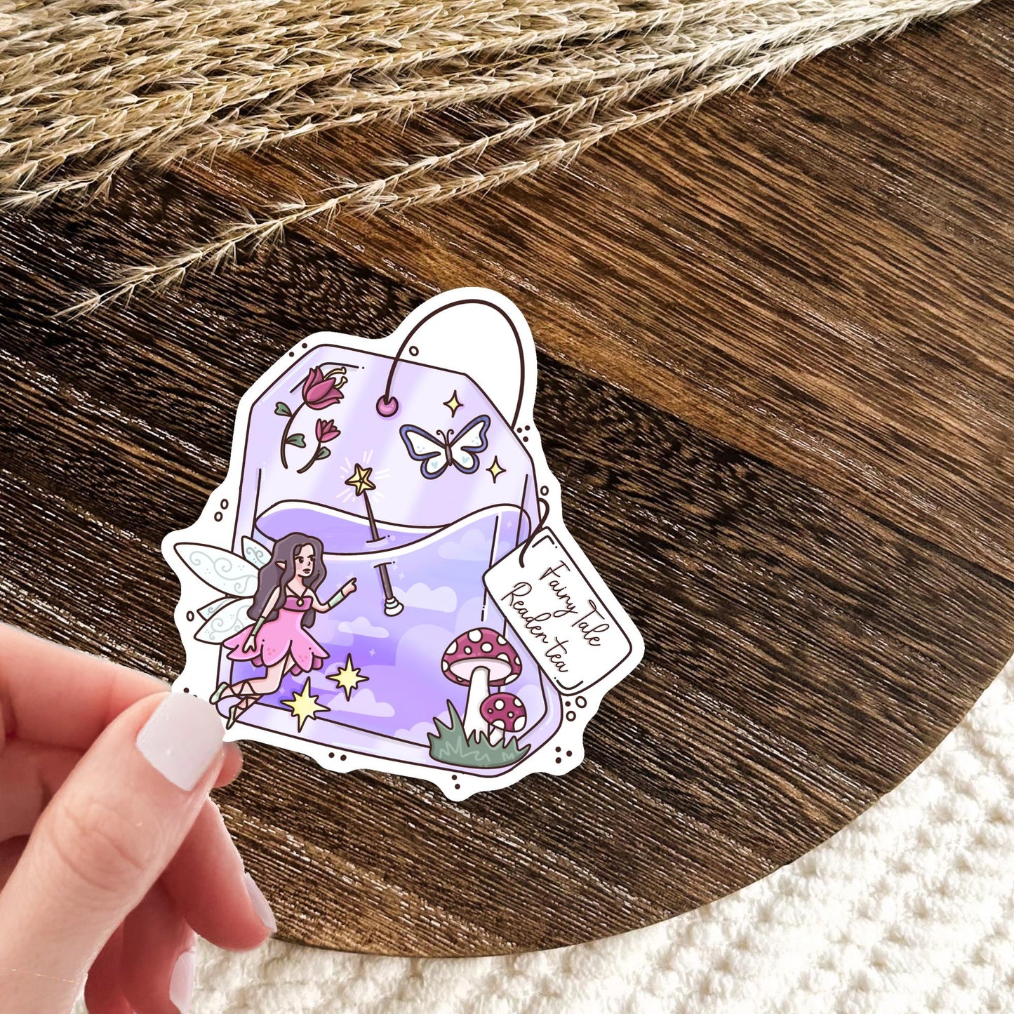Purple Fairy Tale Readers Tea vinyl die-cut sticker, cute magical waterproof sticker for fantasy book lovers and tea fans