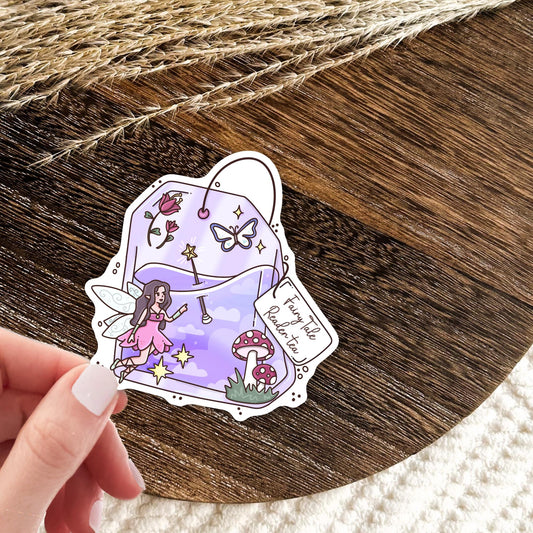 Purple Fairy Tale Readers Tea vinyl die-cut sticker, cute magical waterproof sticker for fantasy book lovers and tea fans
