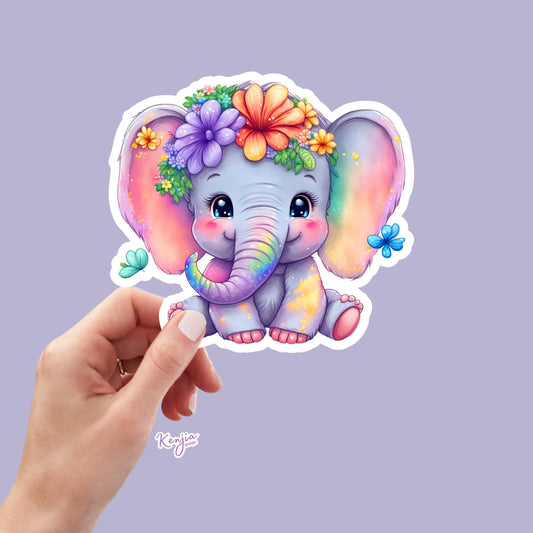 Cute handmade Vintage Baby Elephant Sticker  with flowers and Watercolor Effect in Vinyl, Waterproof for planner, book , laptop