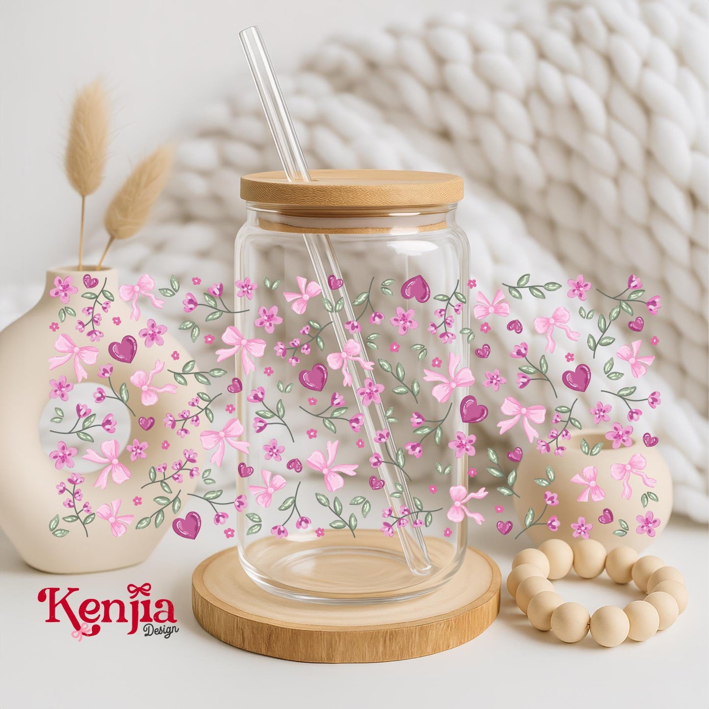 Pink Heart Floral 16 OZ Glass Can With Lid & Straw / Cute Bow / Iced Coffee Drinkware / Aesthetic Girly Gift / UVDTF Libbey Wrap Transfert